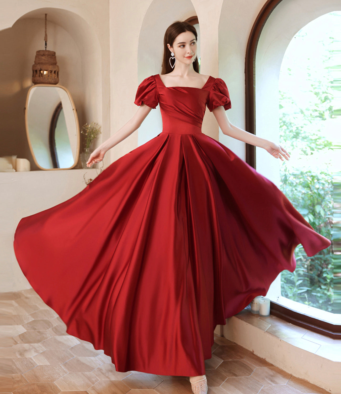 Burgundy satin long A line prom dress evening dress  8829