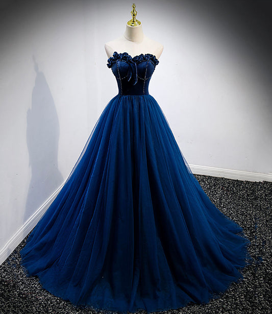 Blue velvet tulle long prom dress blue evening gown  10161