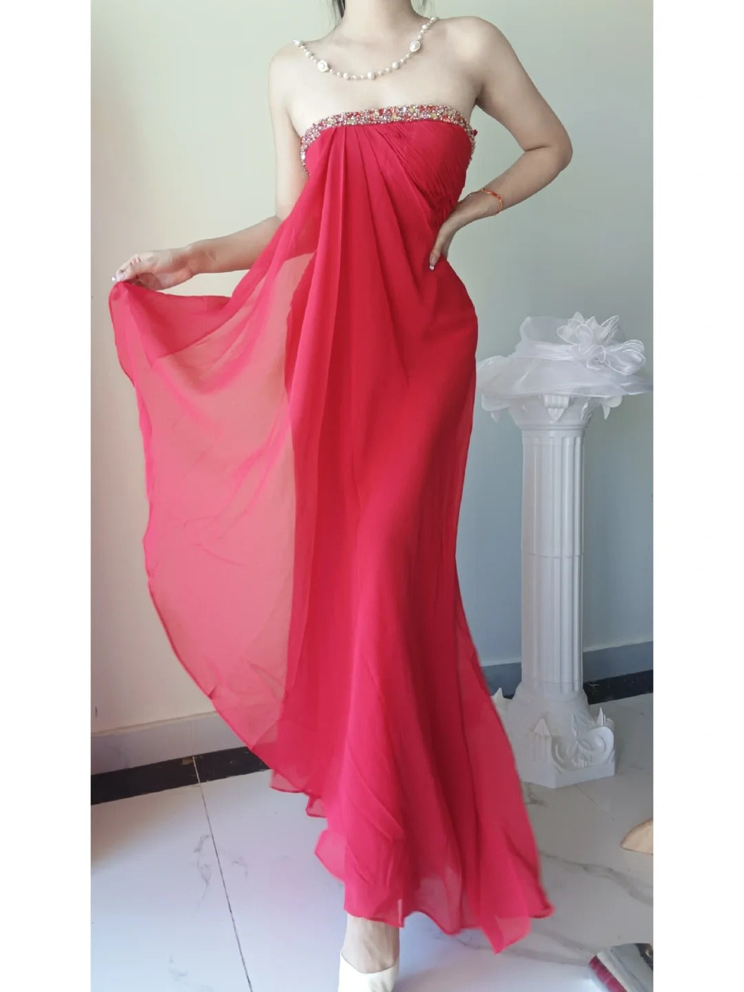 Pink Flowing Beading Elegant Long Chiffon Venus Ball Gown Evening Dress Party Dress gh4709