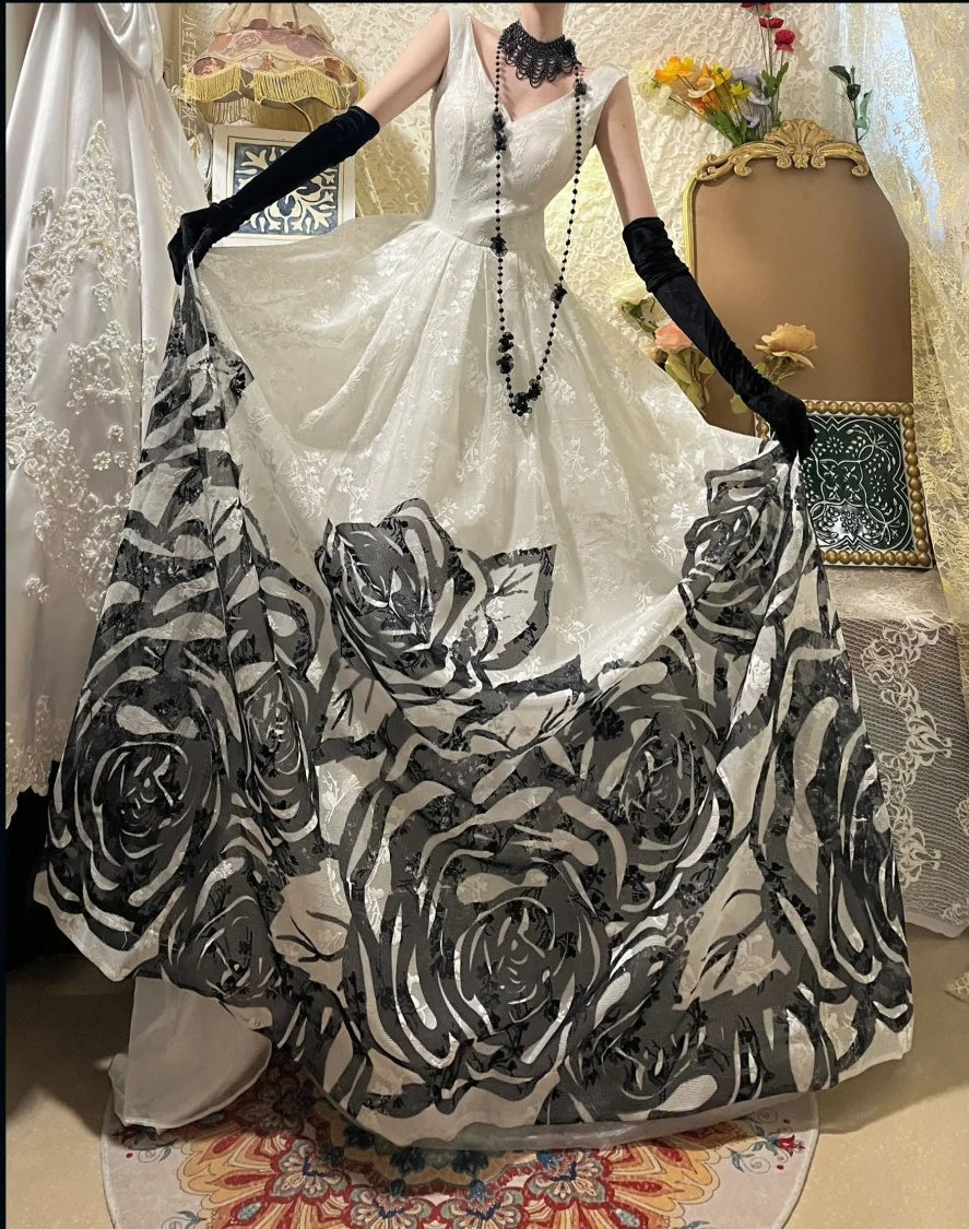 _£ï_Blooming black roses gorgeous retro dark night rose dress Hepburn-feel long tulle ball gown evening dress gh4338