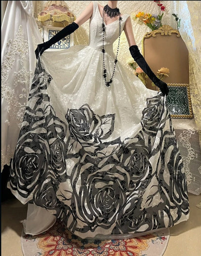 _£ï_Blooming black roses gorgeous retro dark night rose dress Hepburn-feel long tulle ball gown evening dress gh4338