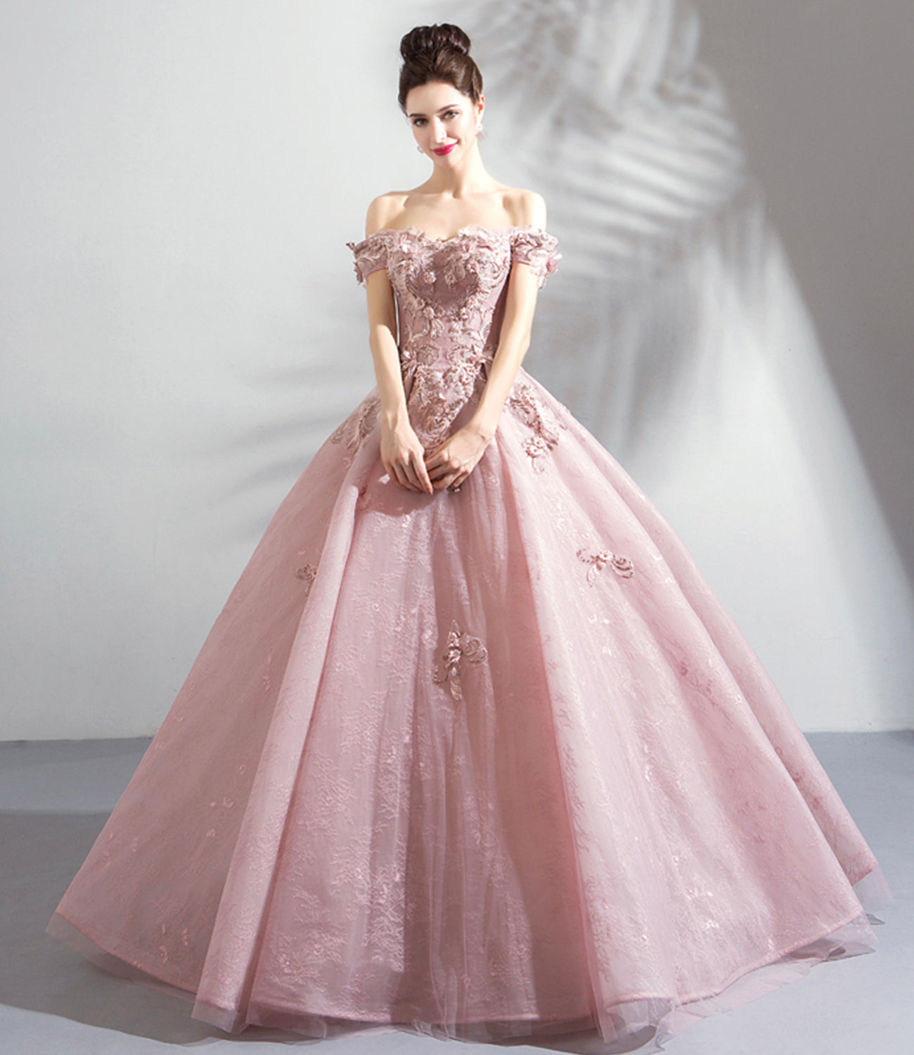 Pink tulle lace long prom dress A line evening gown  10359