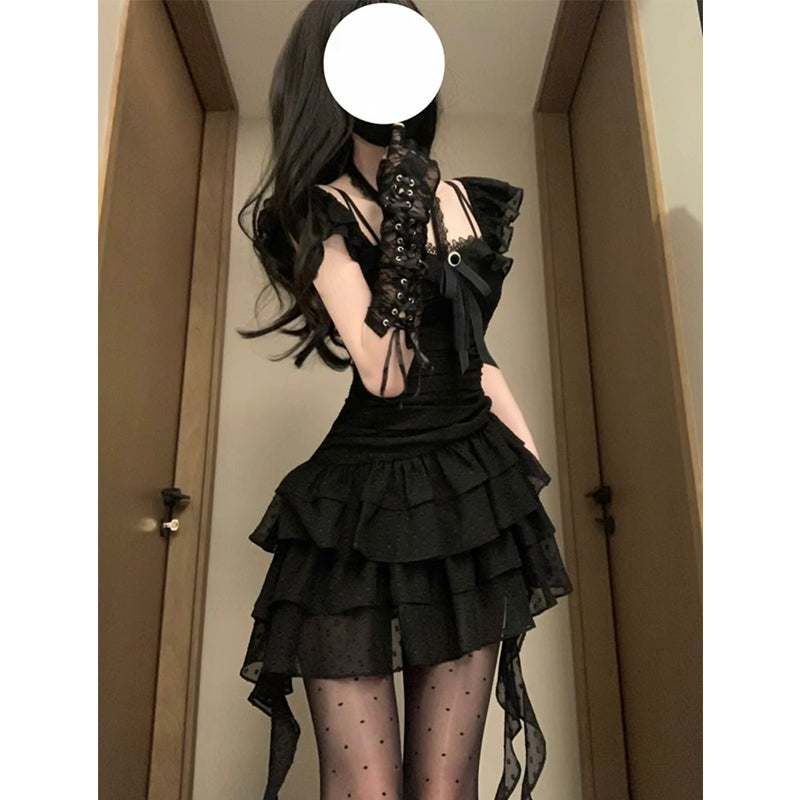 Sweet A line Square Neck Little Black Chiffon Short 16th Birthday Dress Lolita Dress Birthday Outfits W1119