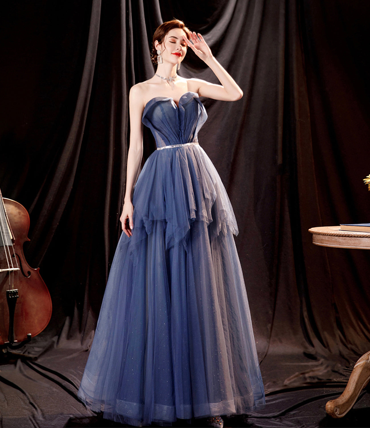 Blue tulle long A line prom dress blue evening dress  10533