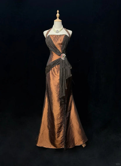 Brown Maillard Vintage Fashion Elegant Exquisite Beaded Strap Long Satin Floor Length Train Ball Gown Evening Dress Prom Dress gh3874