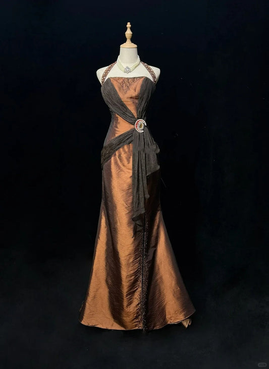 Brown Maillard Vintage Fashion Elegant Exquisite Beaded Strap Long Satin Floor Length Train Ball Gown Evening Dress Prom Dress gh3874