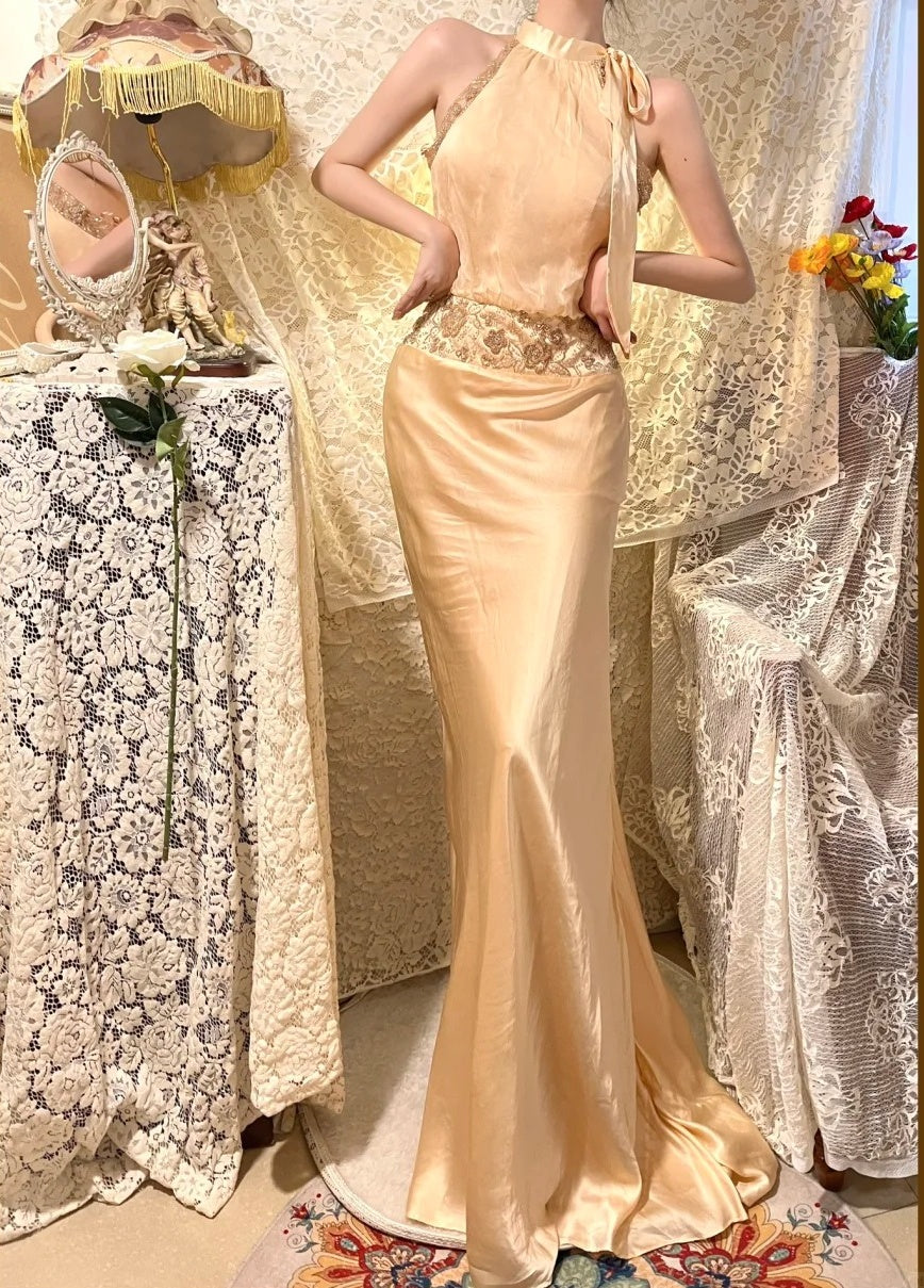 Champagne colored camisole exquisite bead embellishment long satin ball gown evening gown gh4510
