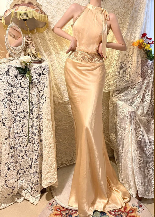 Champagne colored camisole exquisite bead embellishment long satin ball gown evening gown gh4510