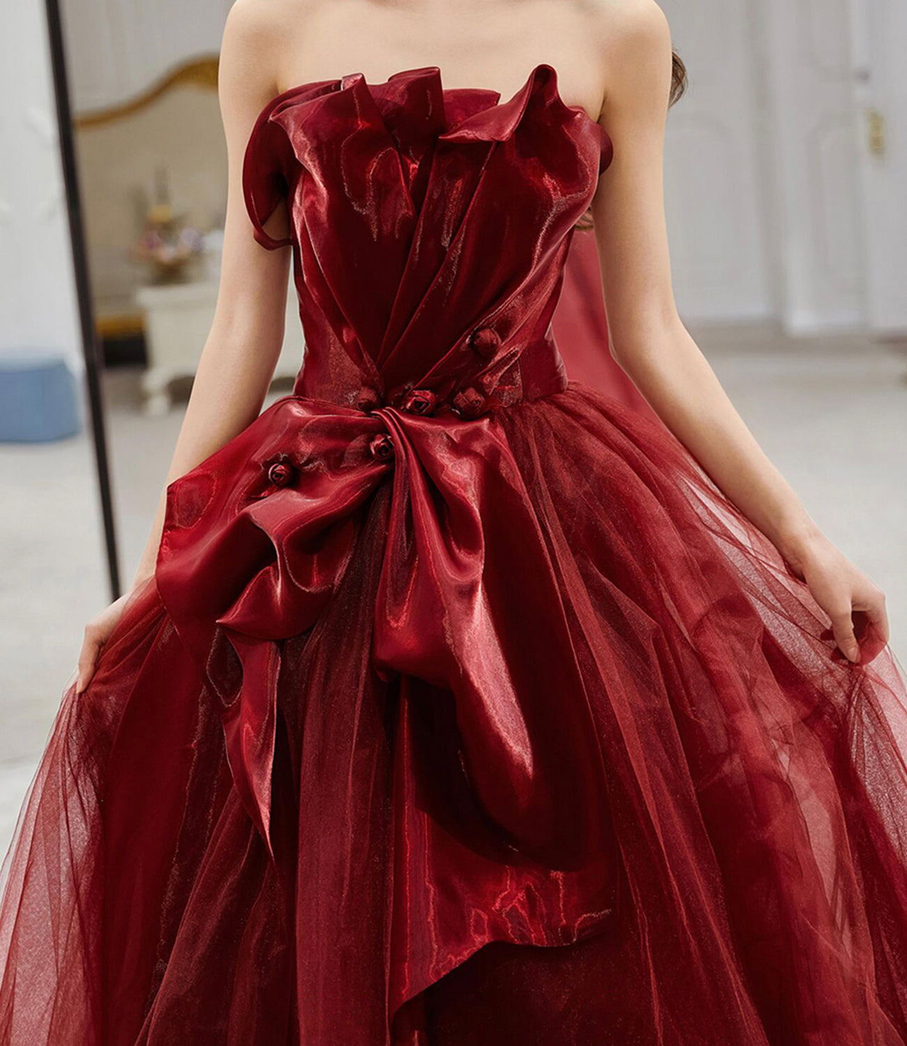 Burgundy tulle long prom dress A line evening dress  10146