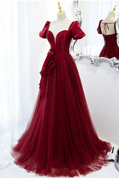 Burgundy satin tulle long prom dress evening dress  10598