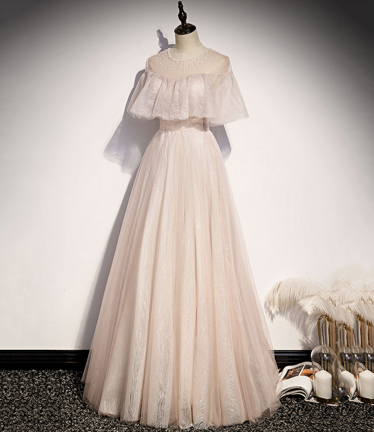 Pink tulle long prom dress A line evening gown  10331