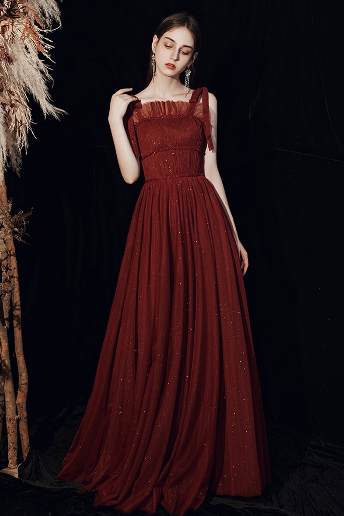 Burgundy tulle long A line prom dress evening dress  8571