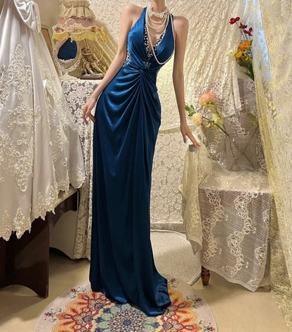 Blue Beaded Elegant Long Satin Ball Gown Evening Gown Party Dress gh4460