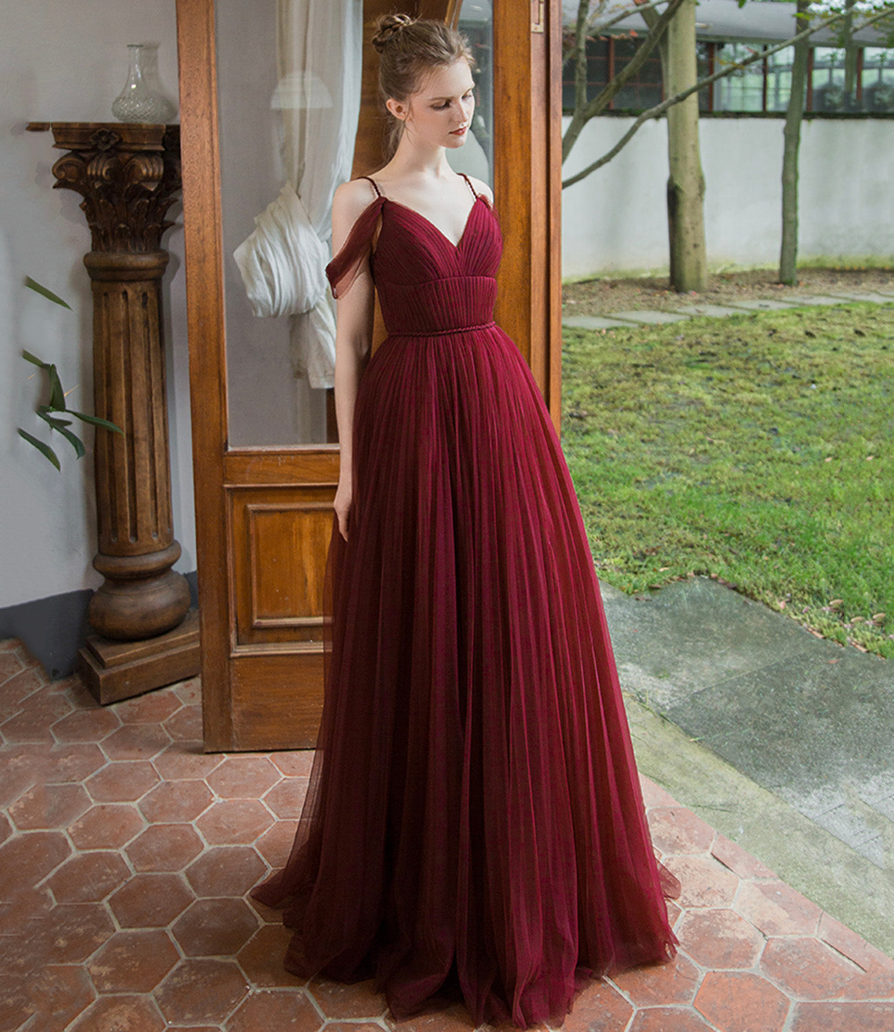 Burgundy tulle long prom dress simple evening gown  8941