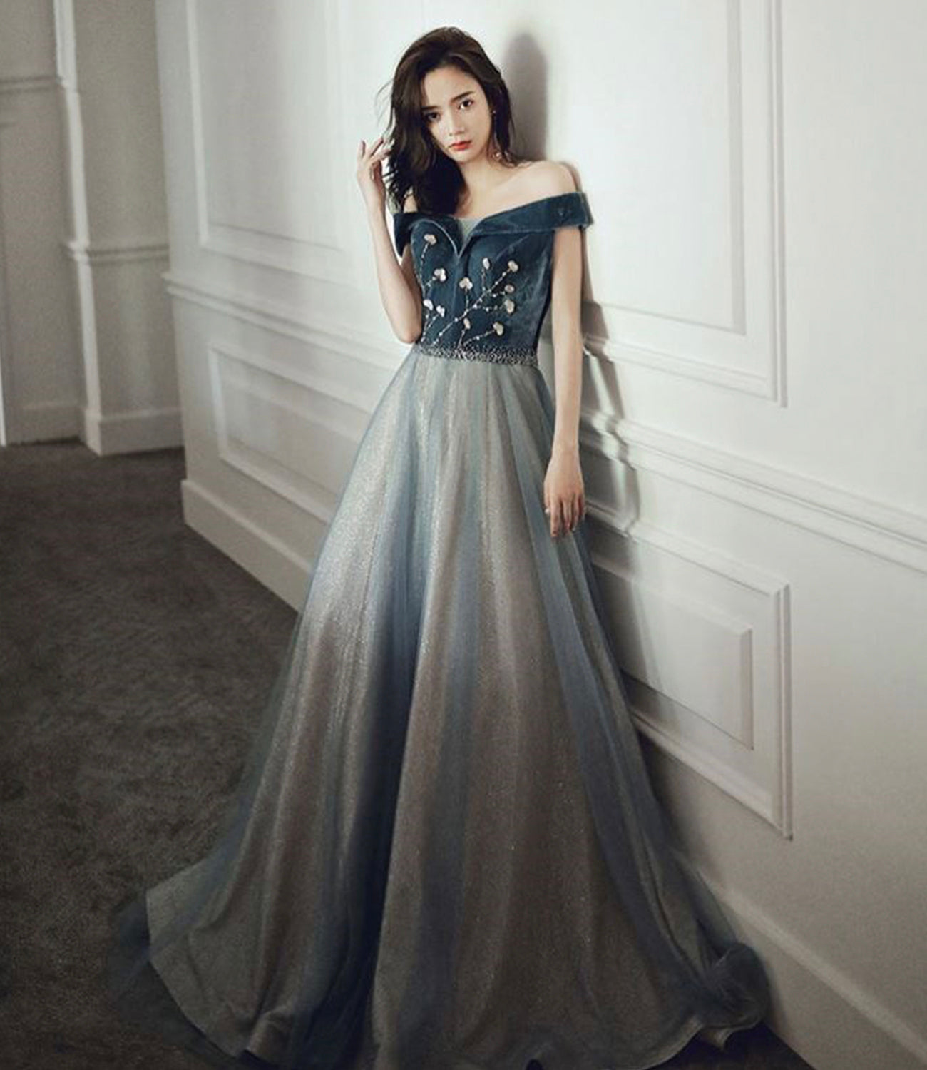 Blue velvet tulle long prom dress evening gown  10233