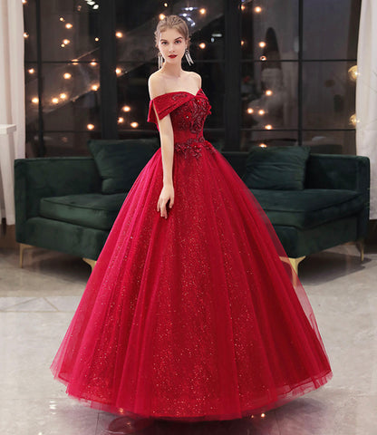 Burgundy tulle lace long prom dress A line evening gown  10323