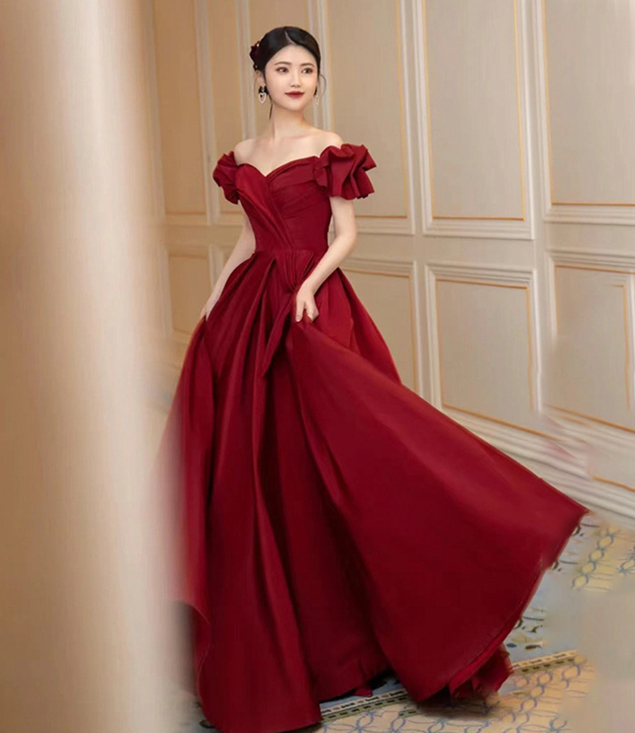 Burgundy satin long prom dress A line evening dress  10450
