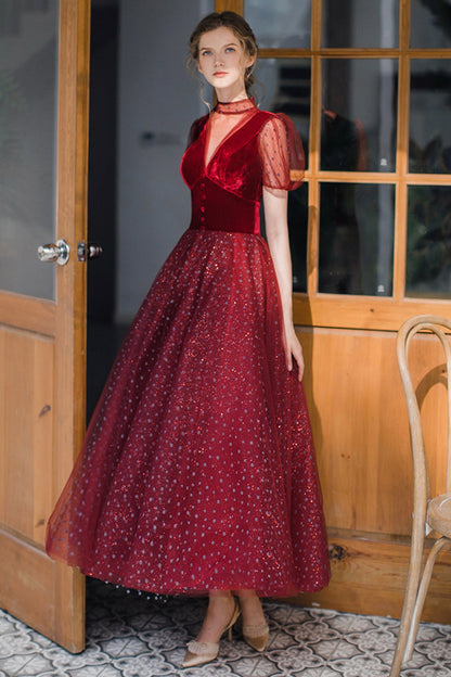 Burgundy tulle short prom dress A line evening dress  8647