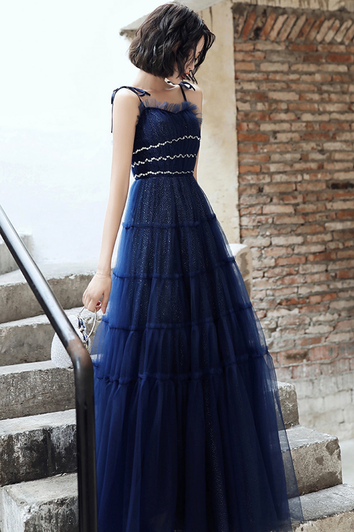 Blue tulle long A line prom dress blue evening dress  8741