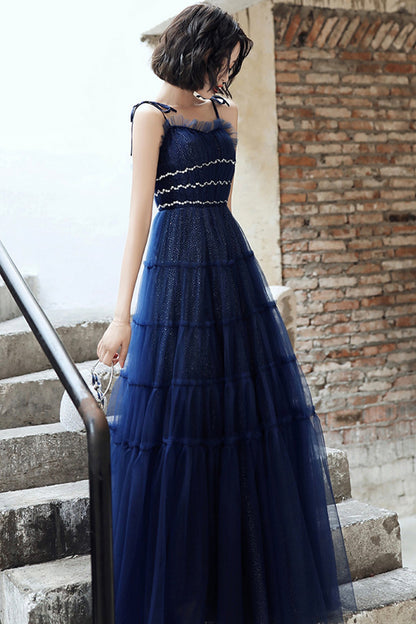 Blue tulle long A line prom dress blue evening dress  8741