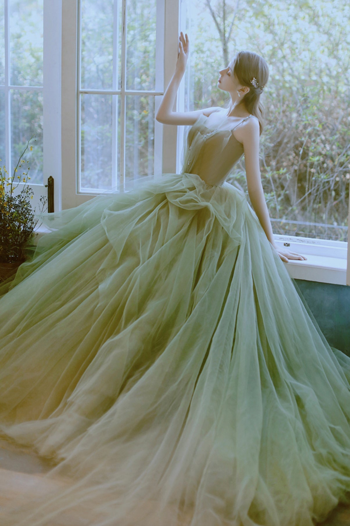 Green tulle long prom dress green evening dress  8599