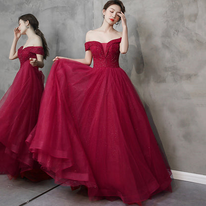 Burgundy tulle beads long prom dress A line evening dress  8997