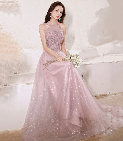 Pink tulle beads long prom dress A line evening gown  10299