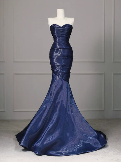 Blue Elegant Satin Long Mermaid Fit Floor Length Ball Gown Evening Dress gh4200