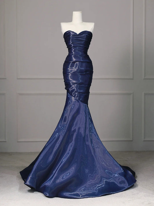 Blue Elegant Satin Long Mermaid Fit Floor Length Ball Gown Evening Dress gh4200