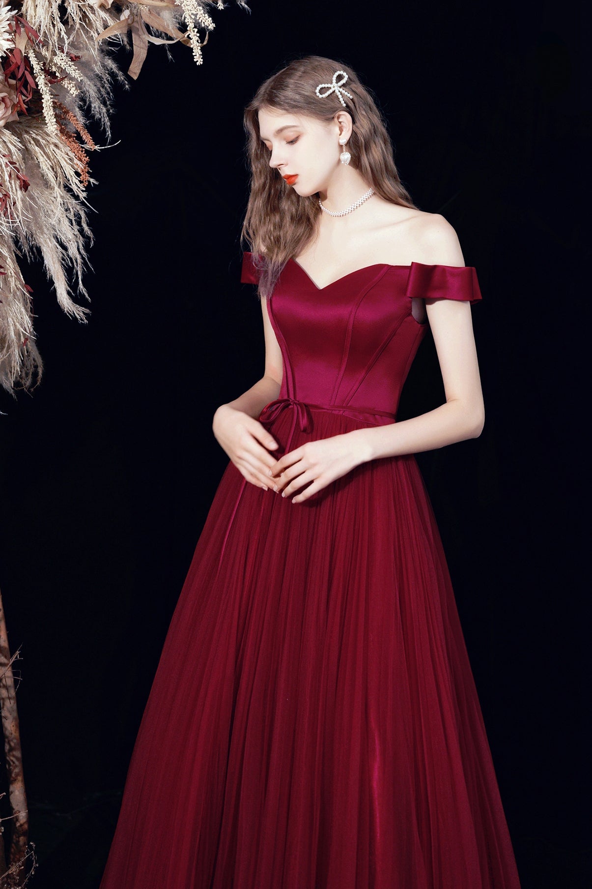 Burgundy tulle long A line prom dress evening dress  8678