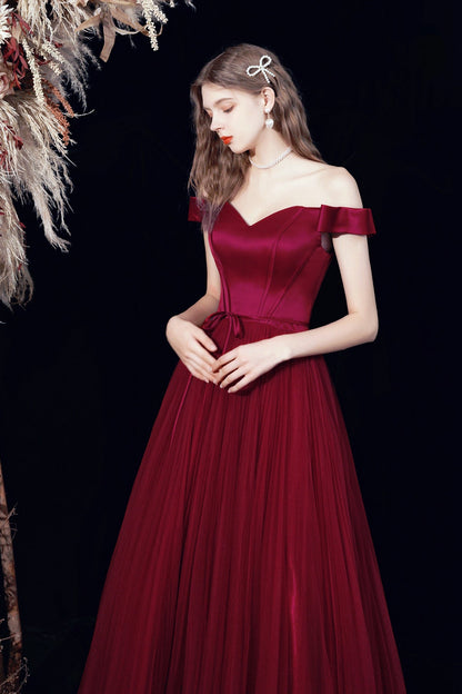 Burgundy tulle long A line prom dress evening dress  8678