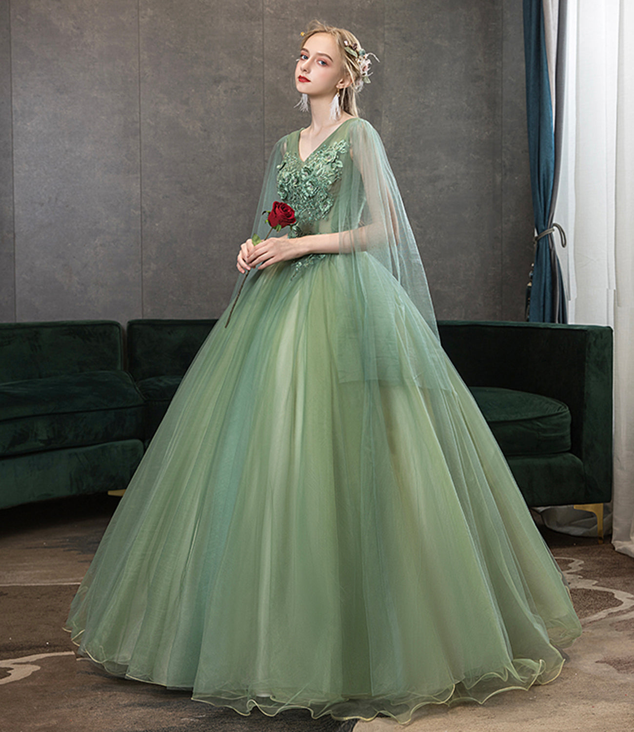 Green tulle lace long prom dress A line evening gown  10342