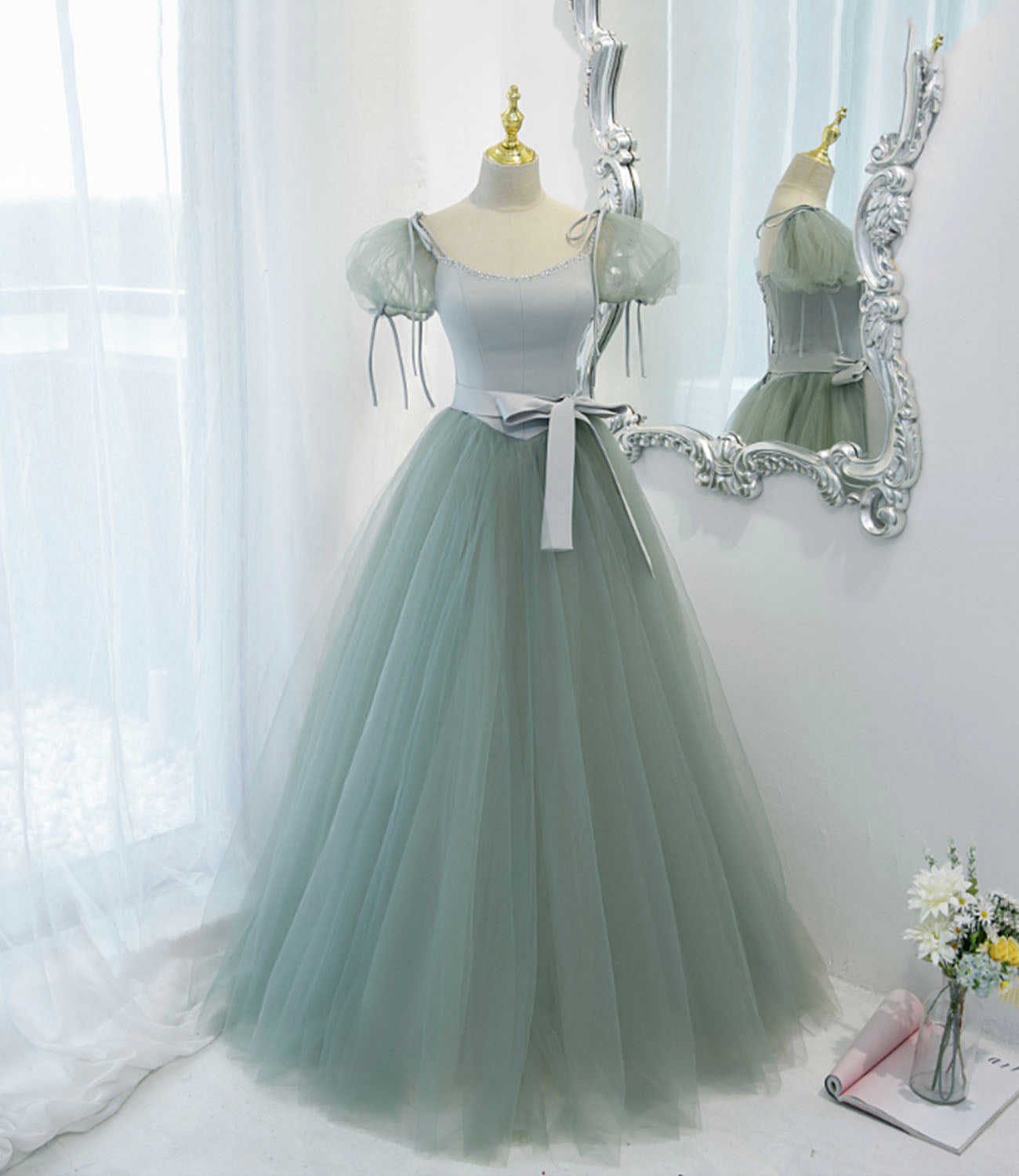 Green satin tulle long prom dress A line evening dress  10445