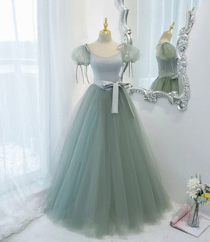 Green satin tulle long prom dress A line evening dress  10445