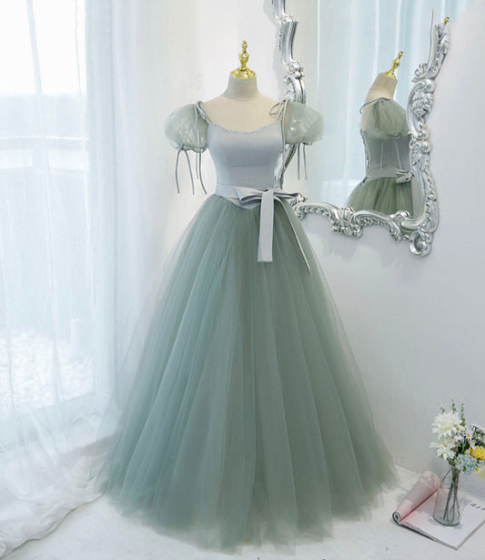 Green satin tulle long prom dress A line evening dress  10445