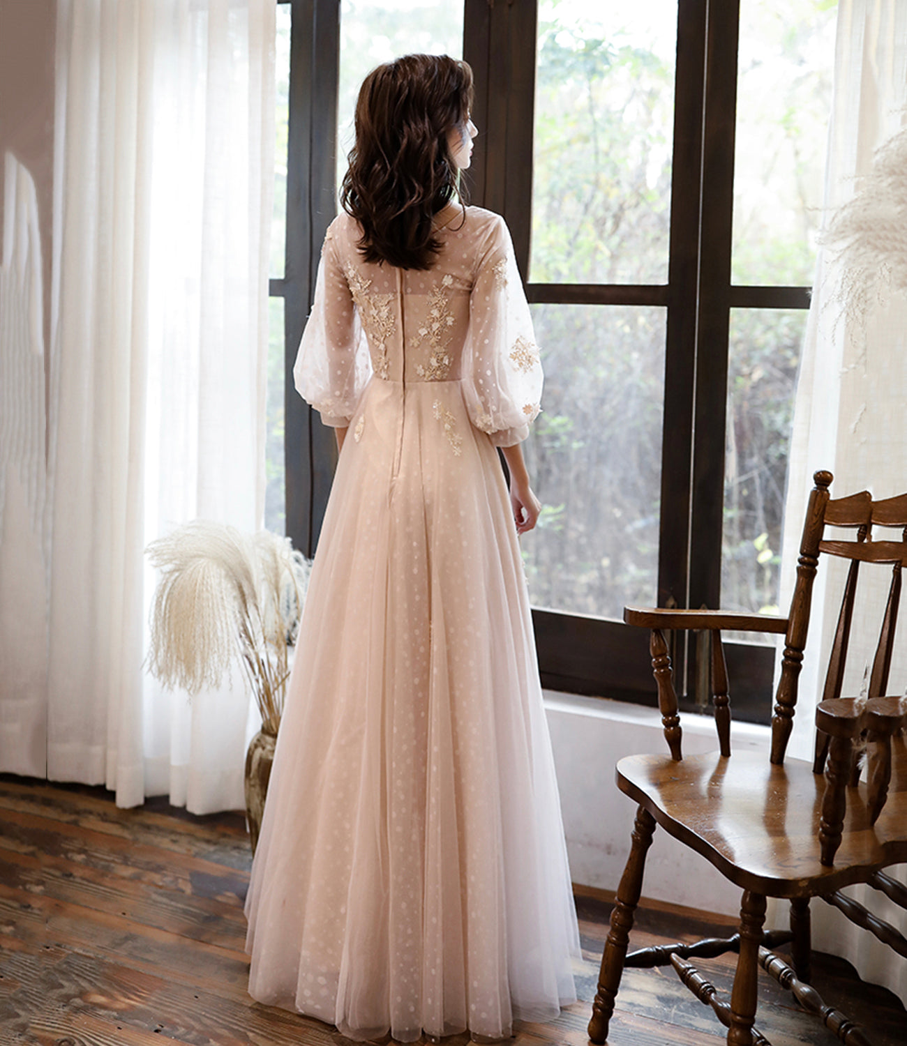 Pink Elegant Fashion A-line Lace Long sleeves Long Tulle Ball Gown Evening Gown Bridesmaid Dress  10468