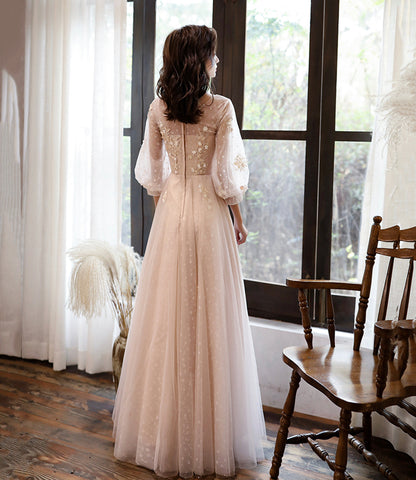 Pink Elegant Fashion A-line Lace Long sleeves Long Tulle Ball Gown Evening Gown Bridesmaid Dress  10468