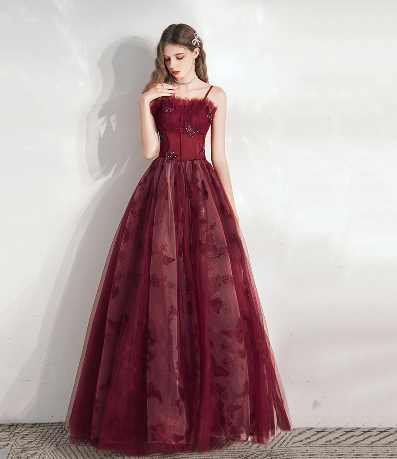 Burgundy tulle long prom dress A line evening gown  10374