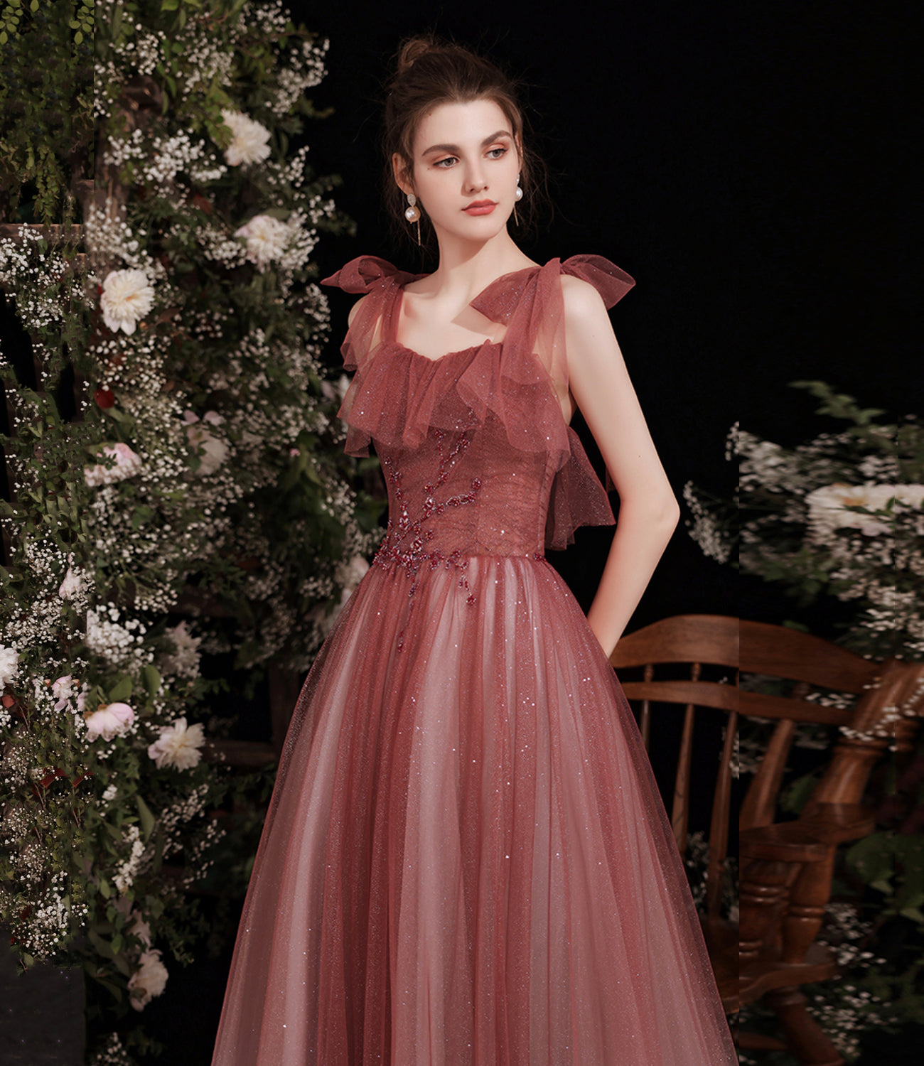 Burgundy tulle long A line prom dress evening dress  8798