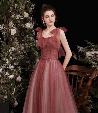 Burgundy tulle long A line prom dress evening dress  8798