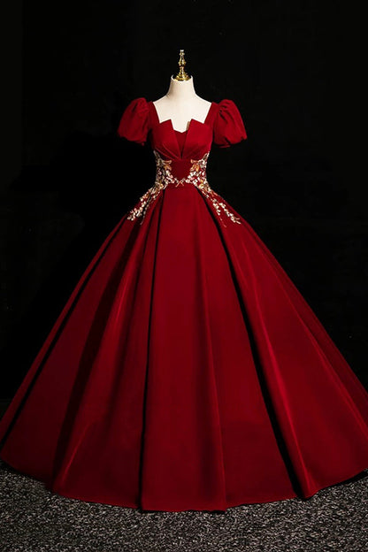 Burgundy Velvet Long Prom Dress, Elegant Short Sleeve Evening Party Dress