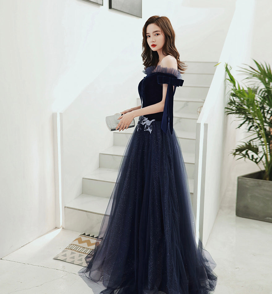 Blue velvet tulle long prom dress evening dress  8457