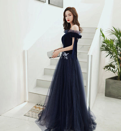 Blue velvet tulle long prom dress evening dress  8457