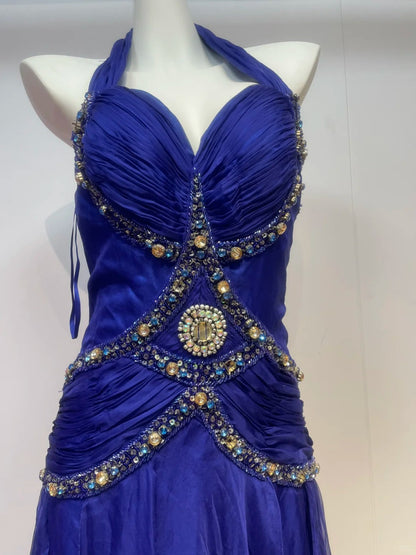 Blue rhinestone elegant fashion long satin prom dress evening dress birthday party dress gh4946