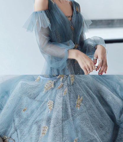 Blue tulle lace long A line prom dress evening dress  8827