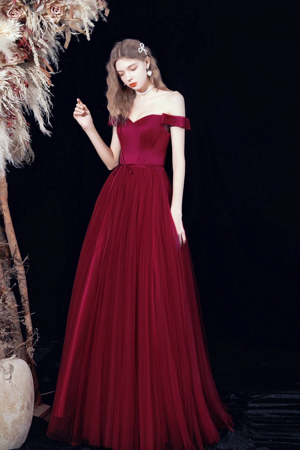 Burgundy tulle long A line prom dress evening dress  8678