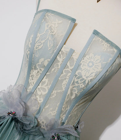 Green tulle lace long prom dress A line evening dress  10557