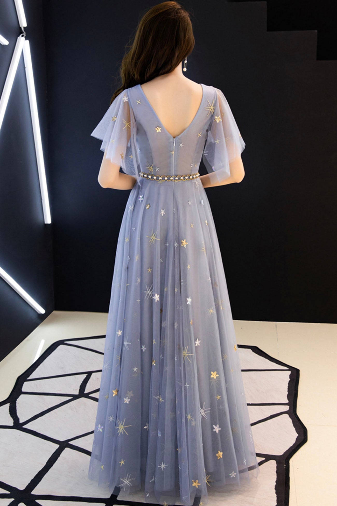 Blue v neck tulle long prom dress blue evening dress  10640