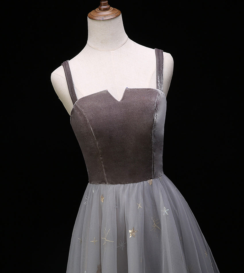 Gray velvet tulle prom dress evening dress  8390