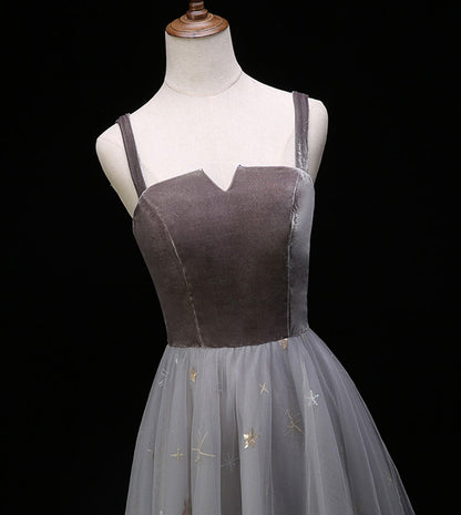 Gray velvet tulle prom dress evening dress  8390